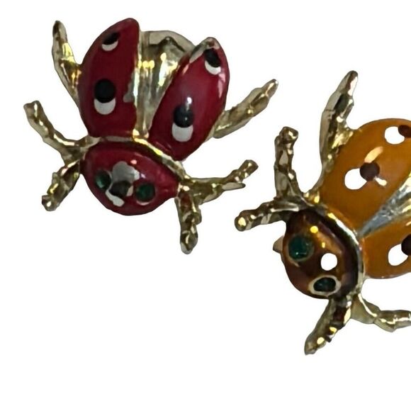 Set of Two little enamel and gold tone metal ladybug pins - Picture 1 of 12
